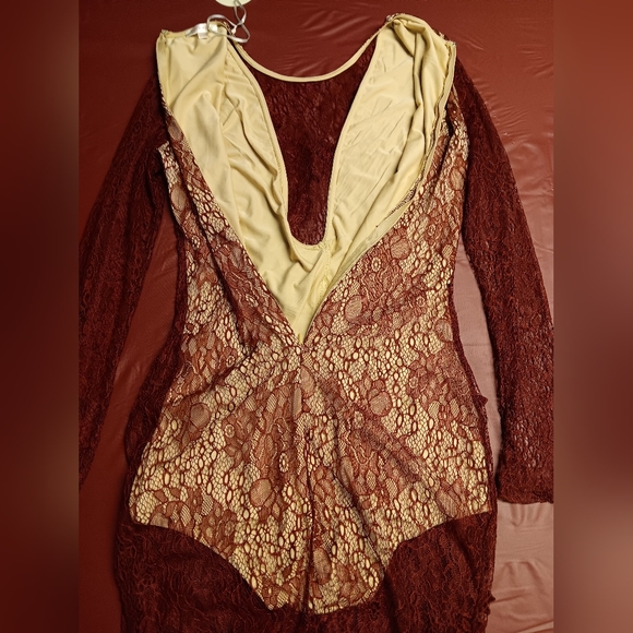 Luxxel Maroon Sheer Embroidered Floral Bodycon Dress w/Nude Bodysuit szS N.W.T. - Picture 5 of 8